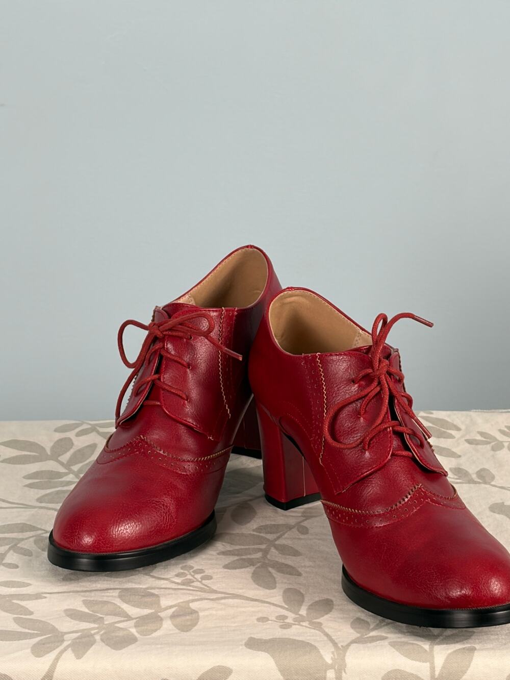 Odema Red Lace Up Oxford Pumps Block Heel Wingtip Style EU 43 Women's